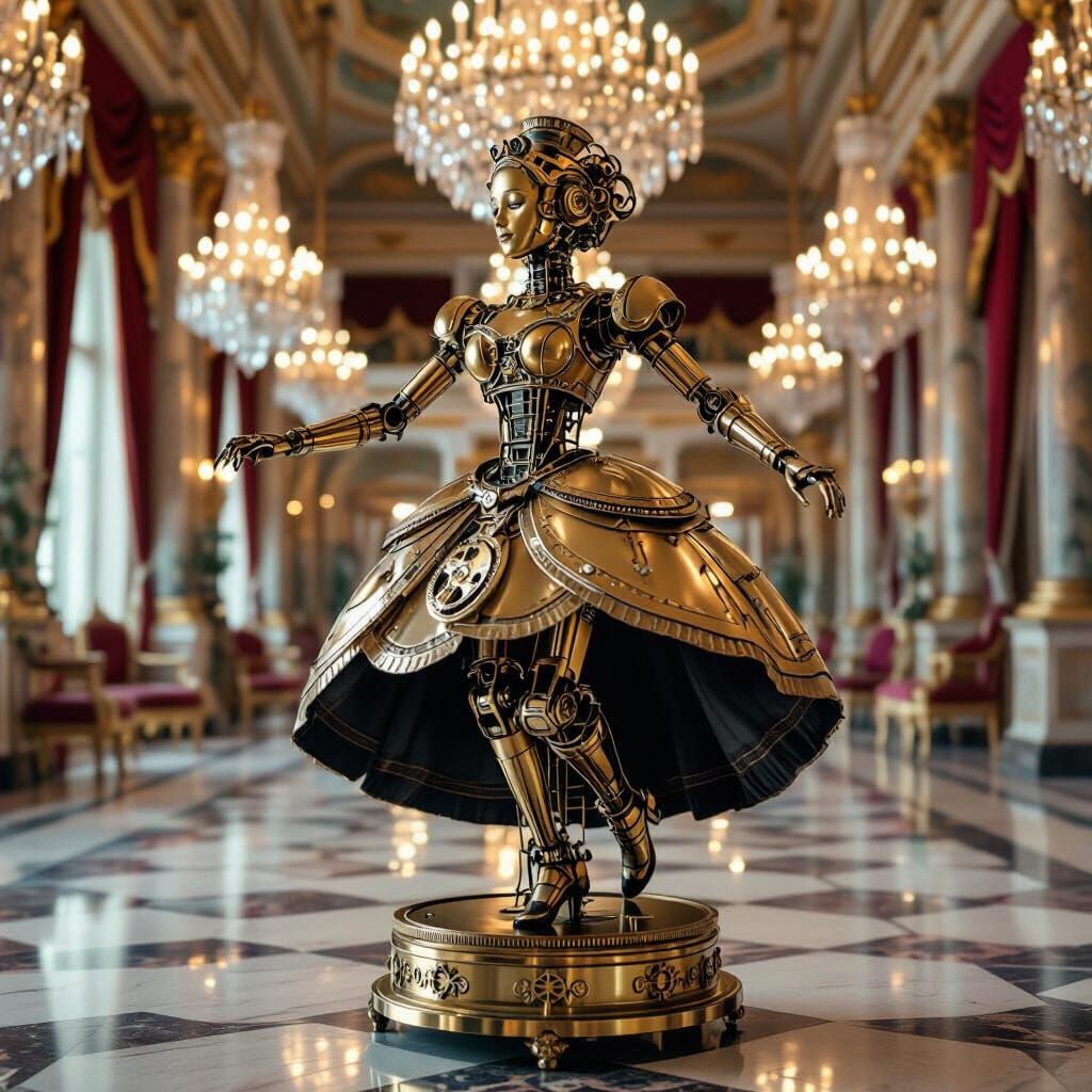 Victorian Automaton Dancing in Grand Steampunk Ballroom