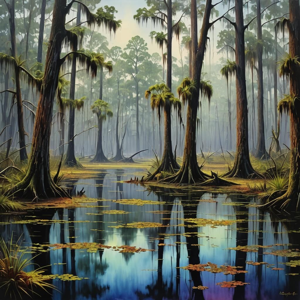 Eerie Okefenokee Swamp Landscape with Phosphorescent Algae