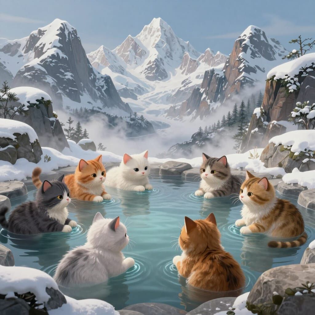 Cats Enjoy Hot Spring Retreat in Mountain Landscape