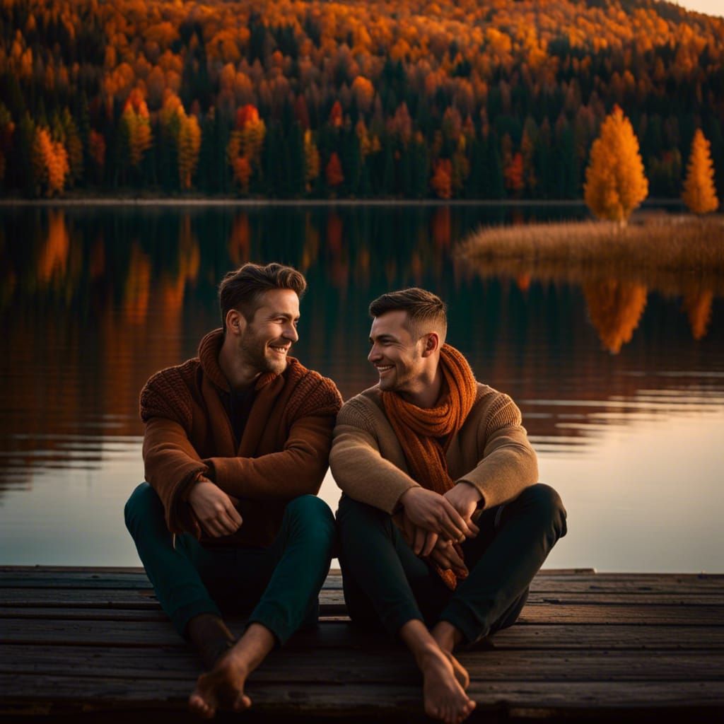 Gay Couple Embrace at Mountain Lake Pier