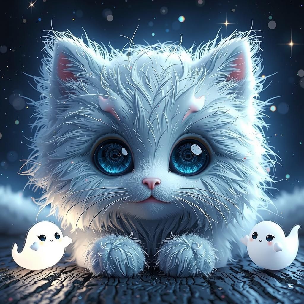 Ethereal White Cat with Blue Eyes in 3D Digital Art