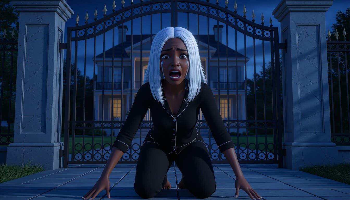 African Woman in Pajamas Fears Dark House Behind Ornate Gate