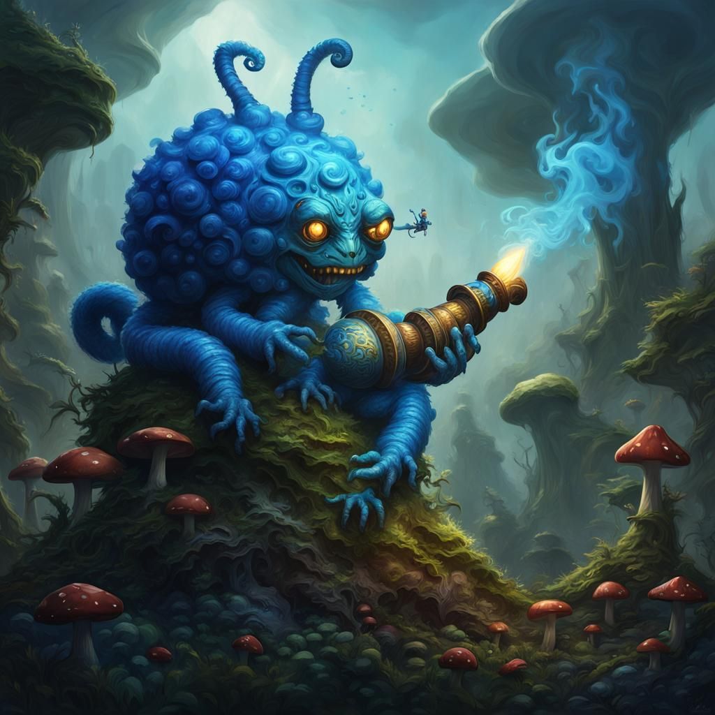 Blue Caterpillar Smoking Hookah: Fantasy Concept Art
