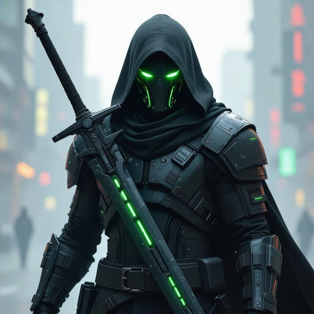 Cyberpunk Warrior with Glowing Eyes in Neon Cityscape