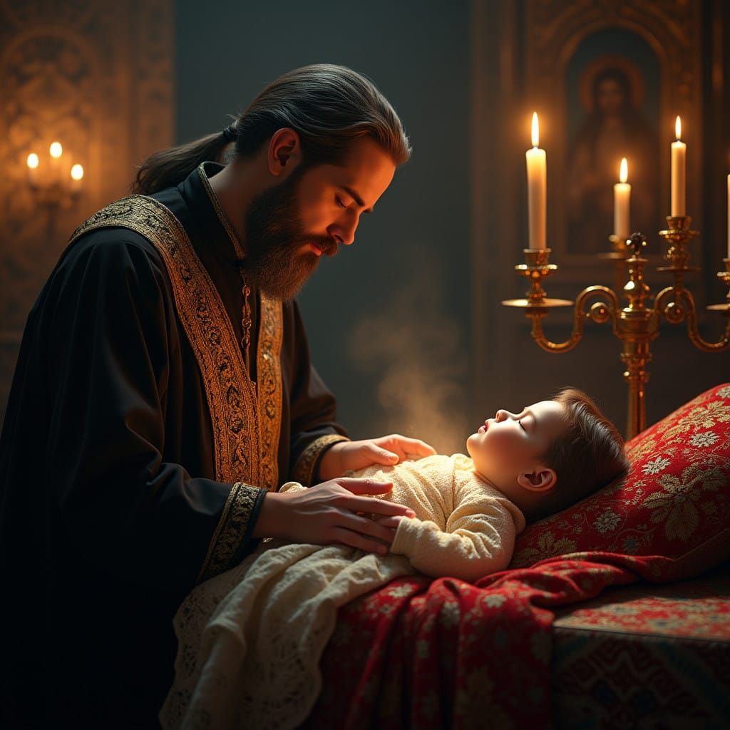 Orthodox Monk Heals Sleeping Child in Golden-Lit Sanctuary