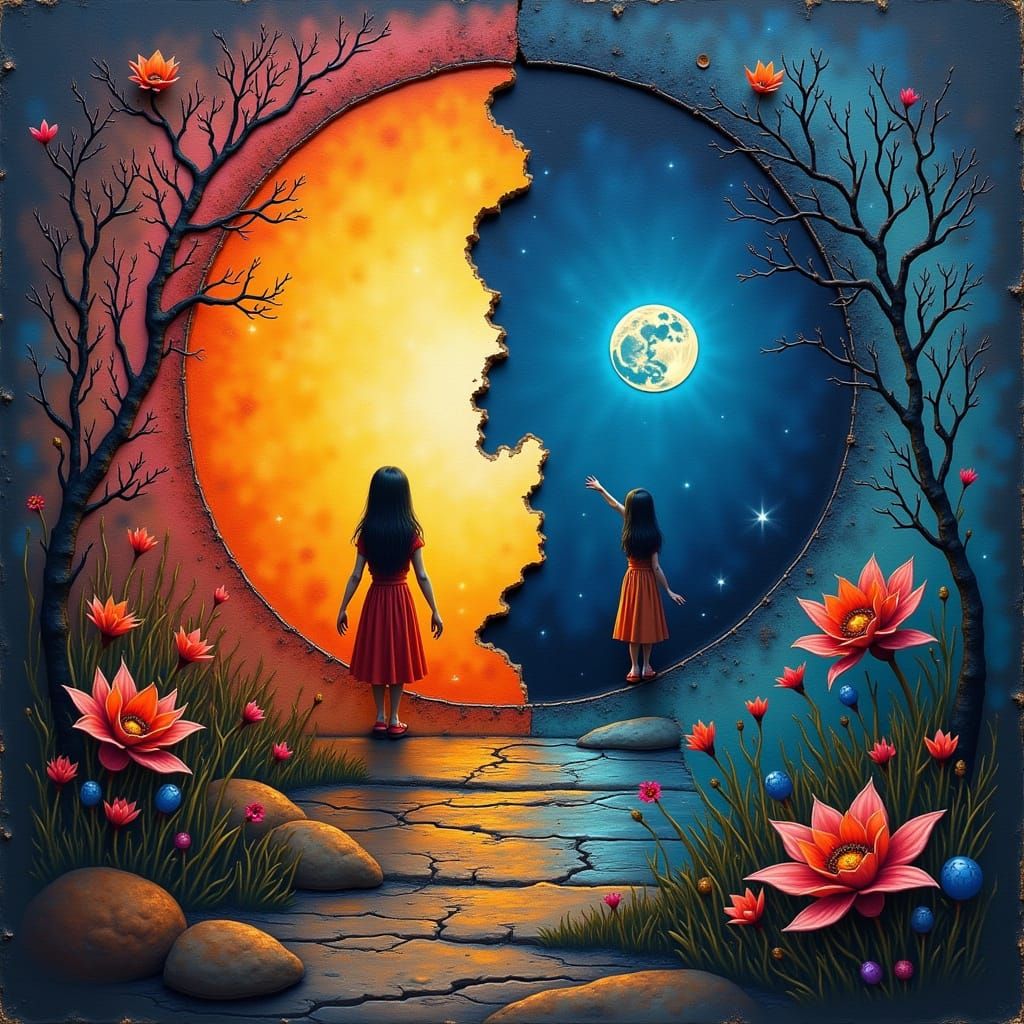 Surreal Moonlit Portal in Oil on Cracked Paper