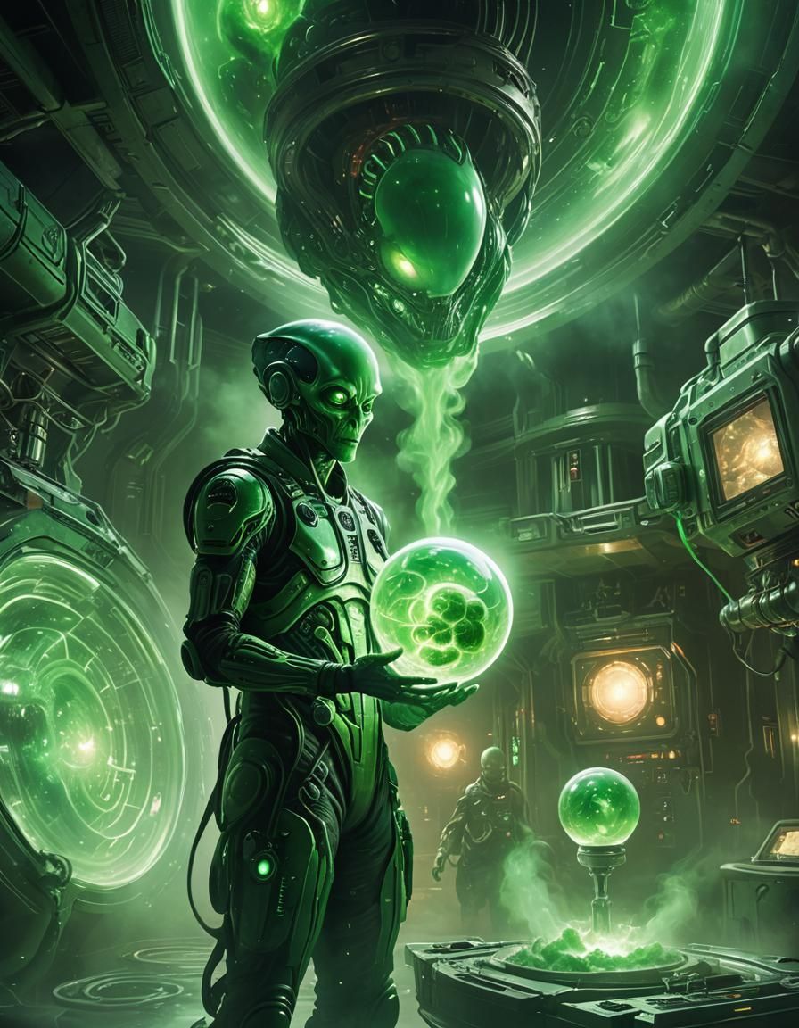 An alien in his space lab holding an orb with a human fetus ...