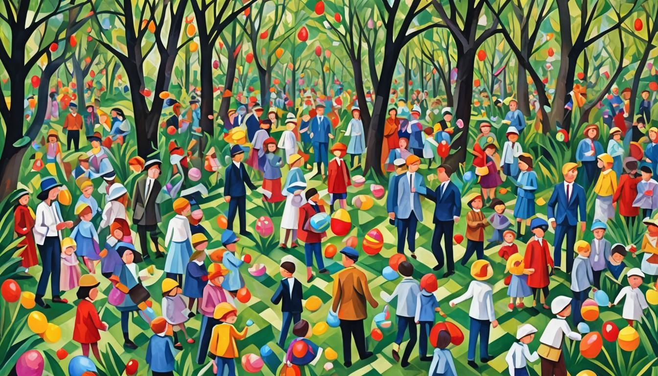 Cubist Children's Easter Egg Hunt in Gouache Style