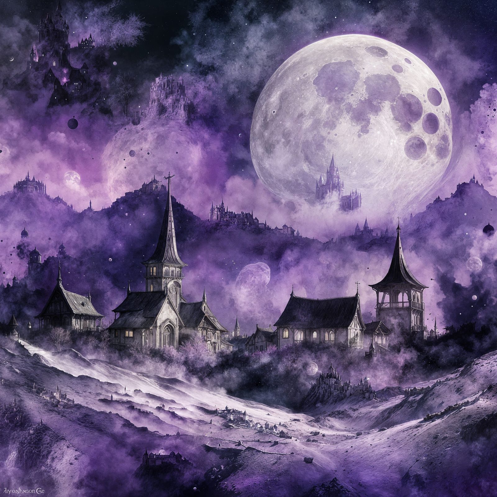 Celestial Neo-Medieval Village under Moonlit Splendor