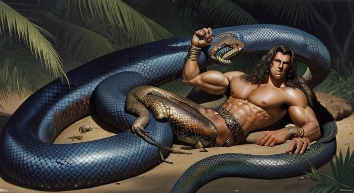 Muscular Python with Meal, in Fantasy Art Style