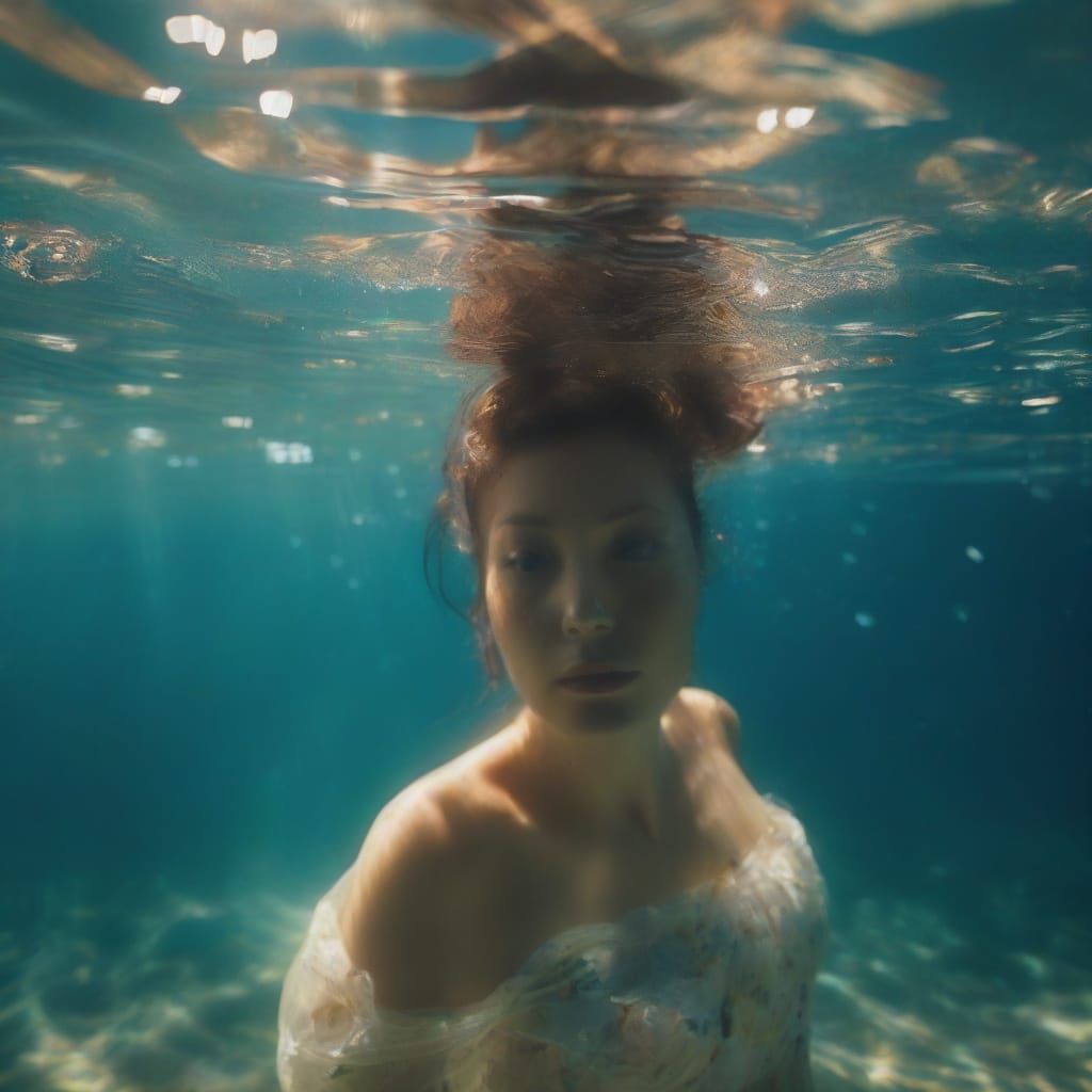 Underwater Woman in Transparent Dress, Soft Focus Photograph...