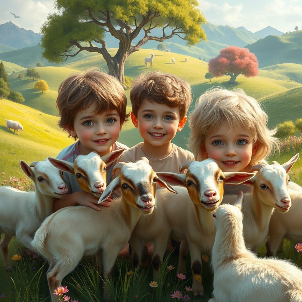 Children Surrounded by Whimsical Baby Goats in Enchanted Lan...