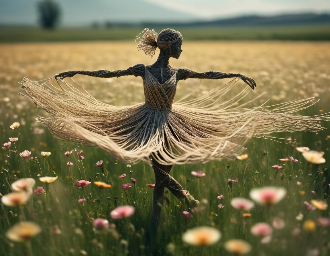 String Ballerina Dancing in a Flower Field