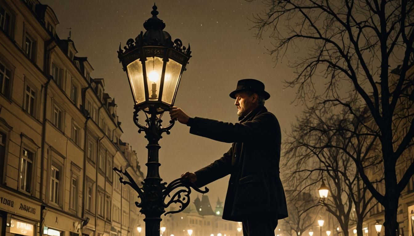 Nighttime Prague Street Lamp in Art Nouveau Style