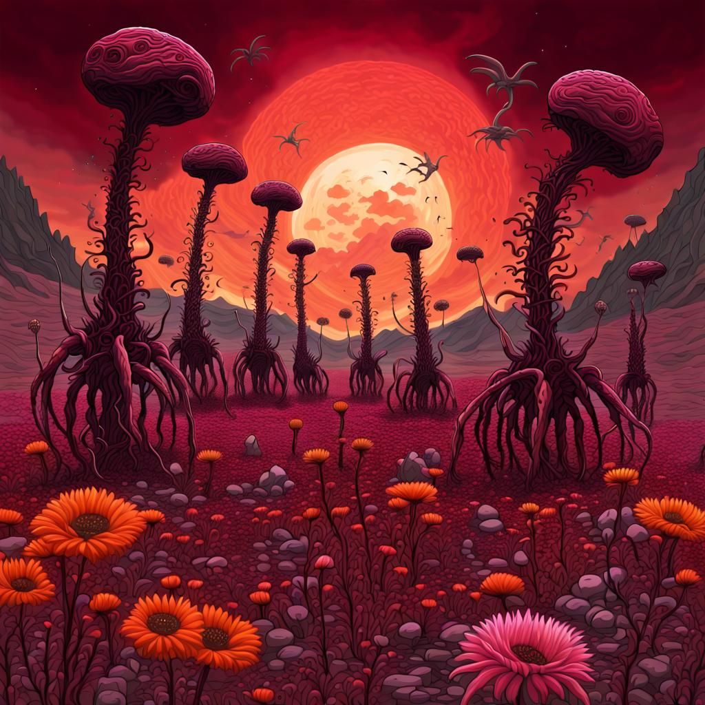 Surreal Alien Landscape with Seven Suns