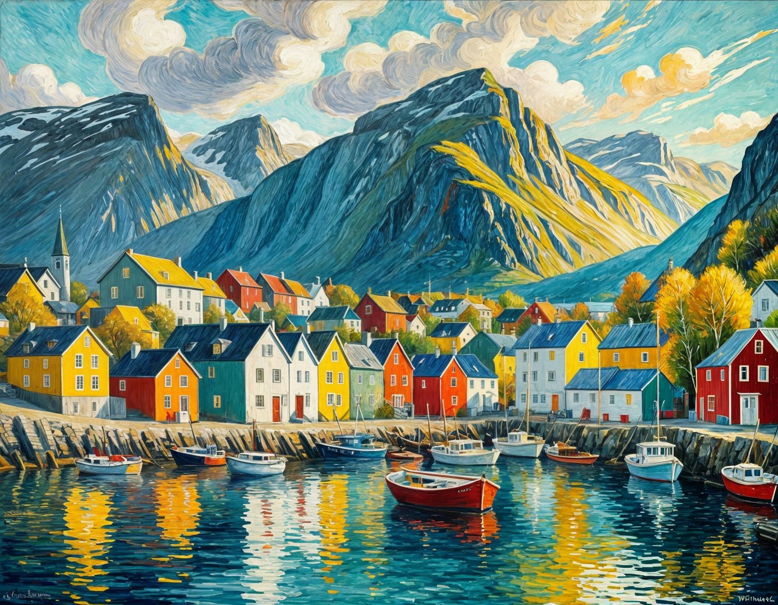 Picturesque Fjord Village in Van Gogh Style