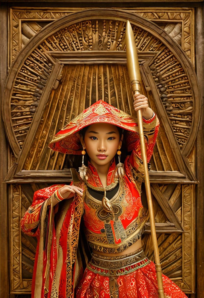 Southeast Asian Goddess of Fire in Traditional Folk Art Styl...