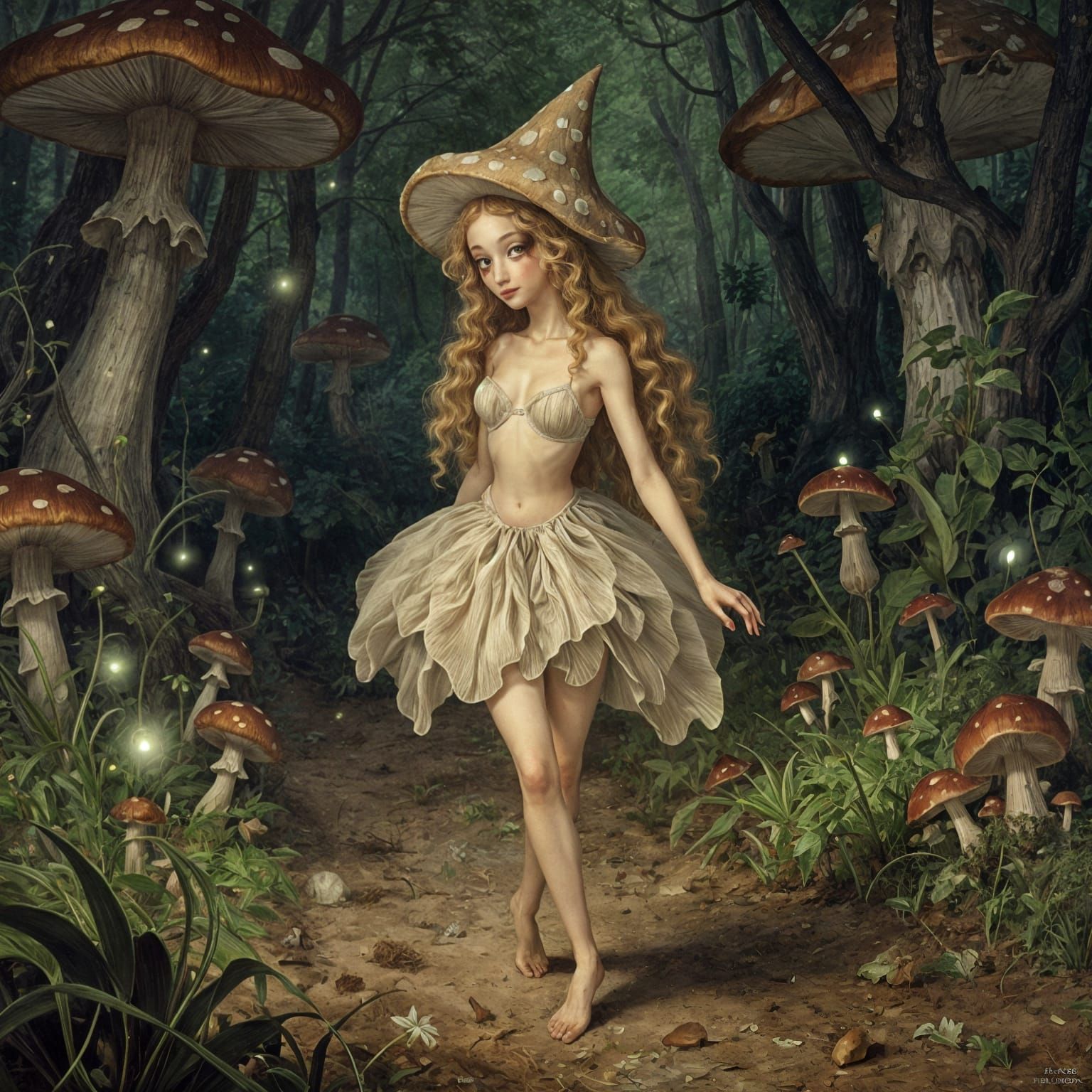 Mushroom Fairy Illustration with Coy Smile