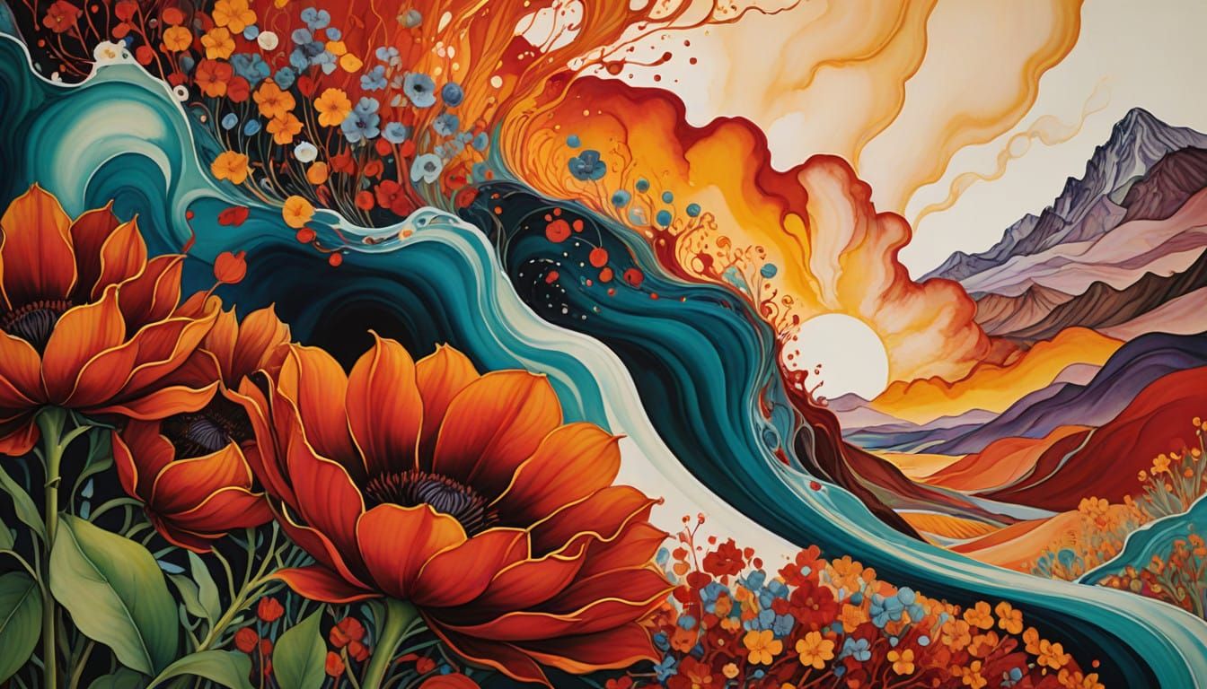 Surreal Dreamworld Scene with Vibrant Landscapes and Etherea...