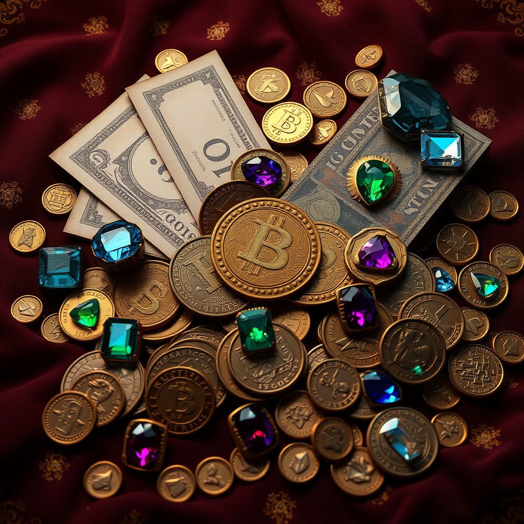 Mystical Treasure Trove of Coins and Gemstones