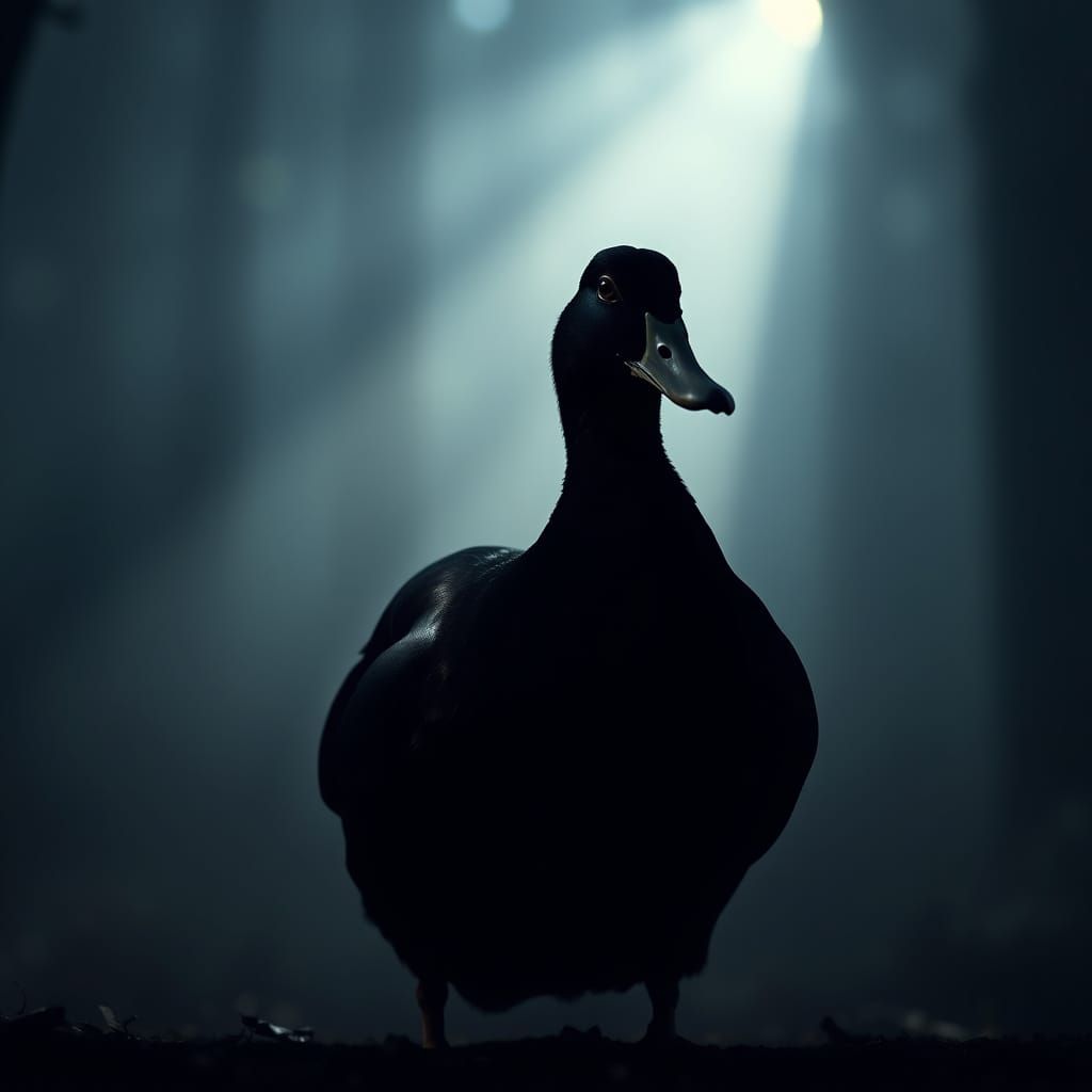 Duck in Tuxedo Amidst Foggy Forest