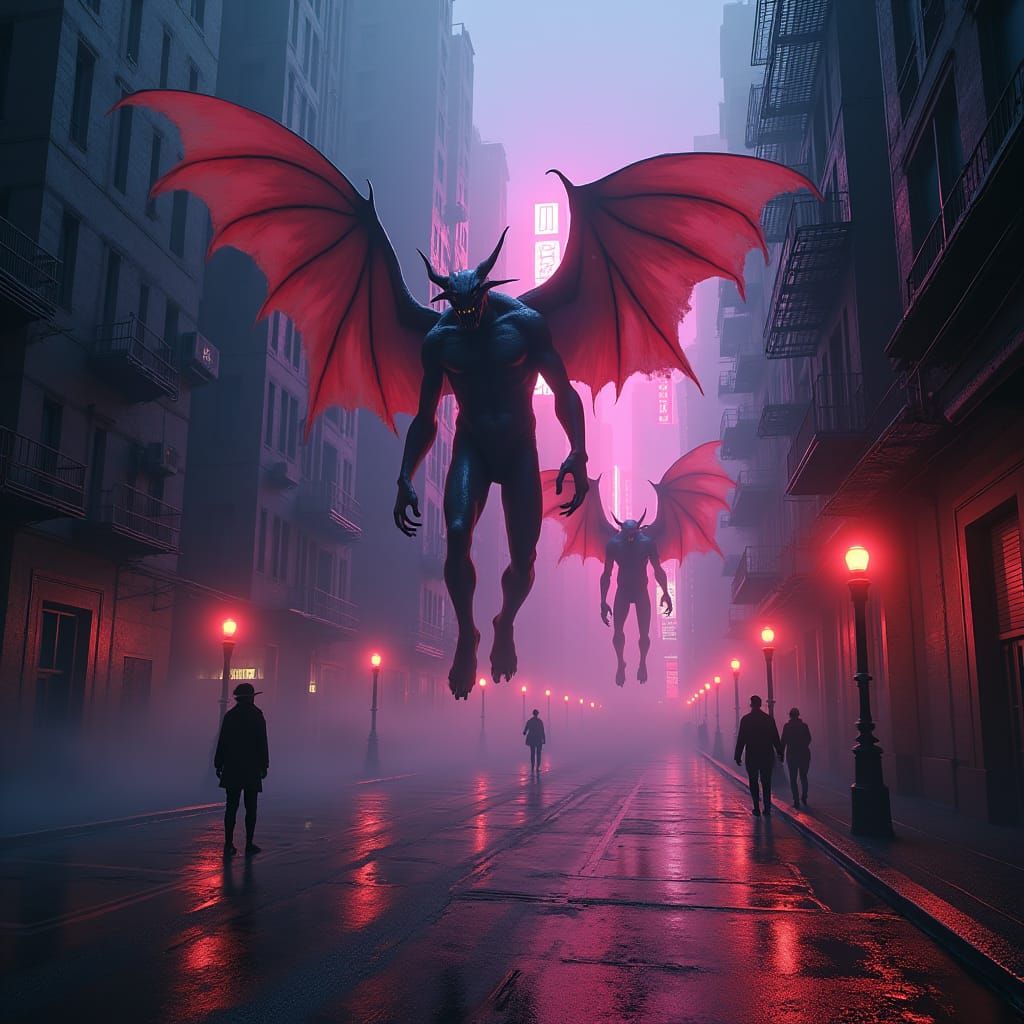 Demons Invade Cyberpunk Cityscape in Dark Fantasy