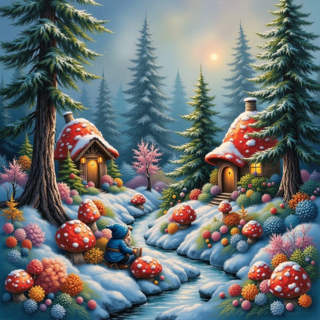 Nordic Gnomes in a Snowy Fantasy Garden