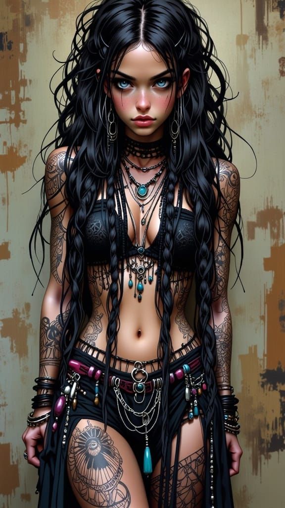 Gothic Bohemian Woman with Tattoos and Piercings