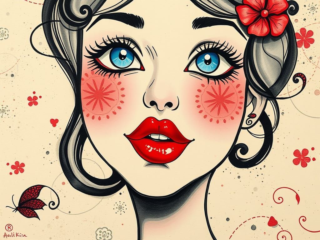 Whimsical Female Portrait with Swirling Patterns