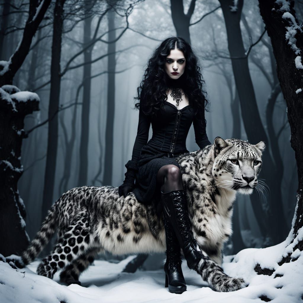 Goth Woman Embraces Snow Leopard in Dark Fantasy Art