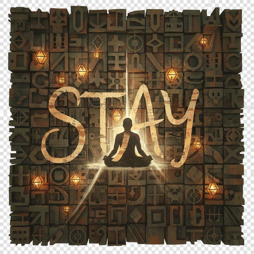 Geometric Symbol Wall with Glowing "STAY" Message