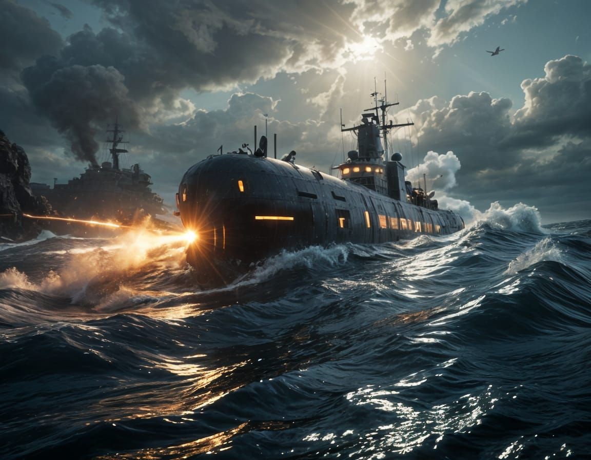 Glowing Torpedo Explodes Amidst Golden Hour Seascape