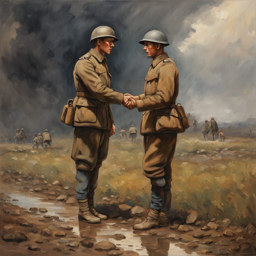 Style of Stanley Spencer, a WWI British soldier shaking hand...