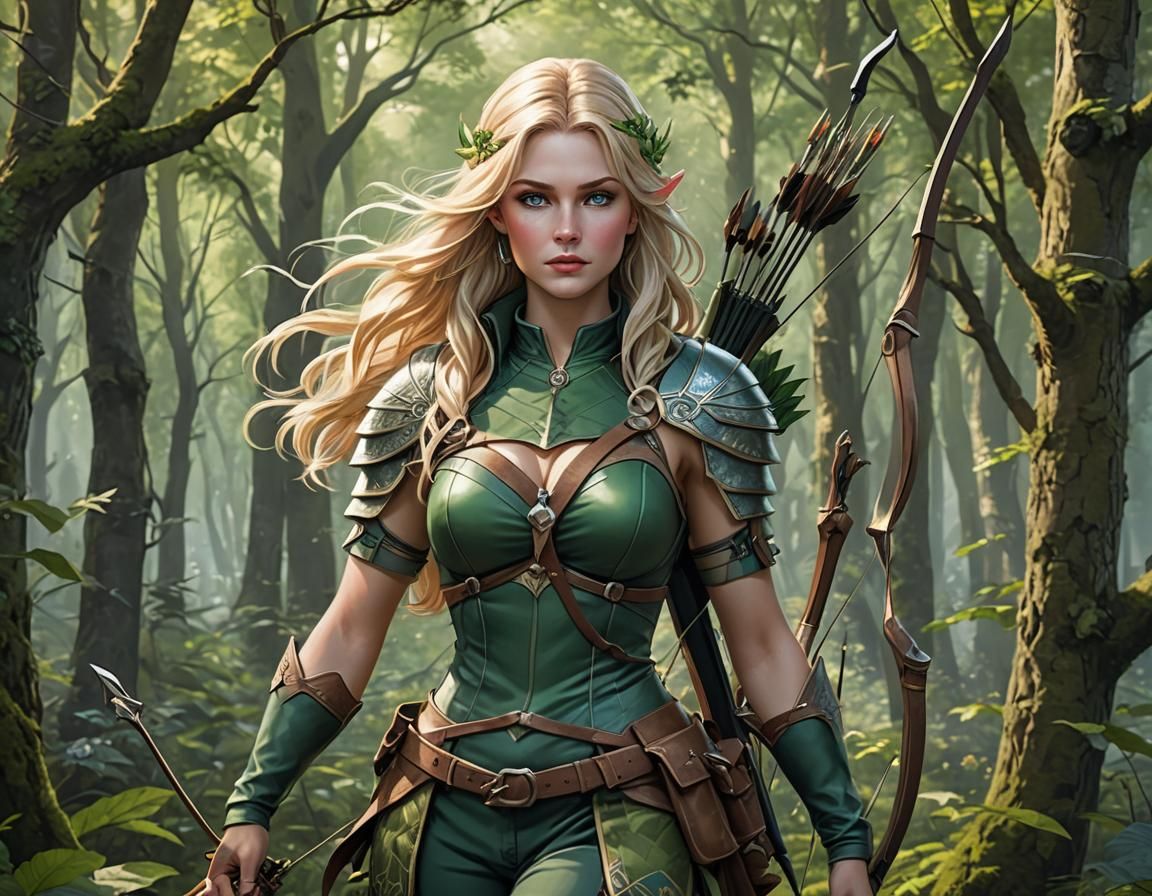 A blonde blue-eyed Forest Archer, with Bo and arrow and quiver. She is surrounded by trees