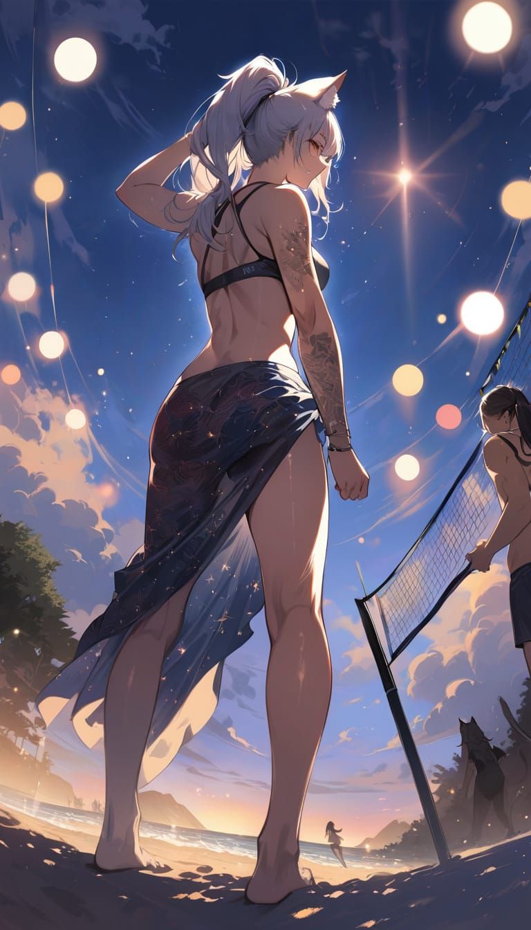 Hyperrealistic Beach Catgirl in Impressionist Manga Style