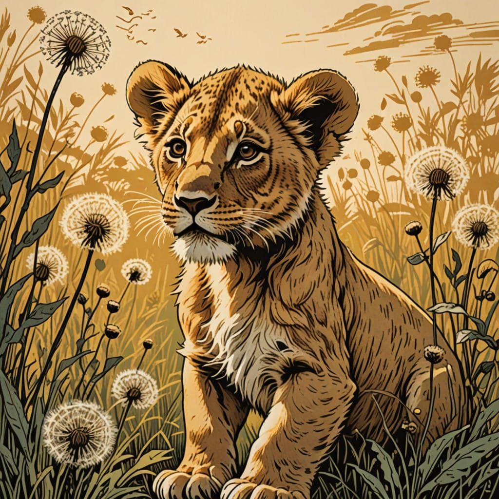 Surreal Woodblock Print of Lion Cub and Dandelion