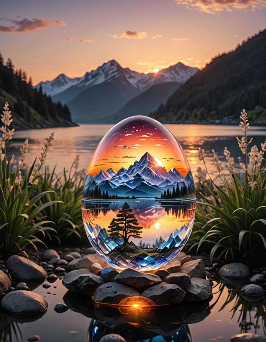 crystal egg, sunset scene,