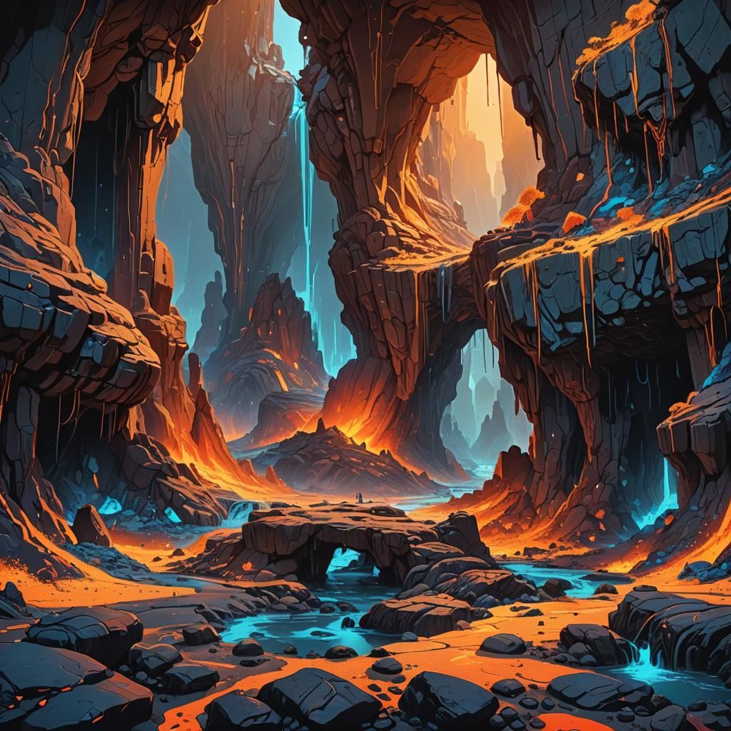 Blue Lava Illuminates Ancient Ruins in Fantasy Art