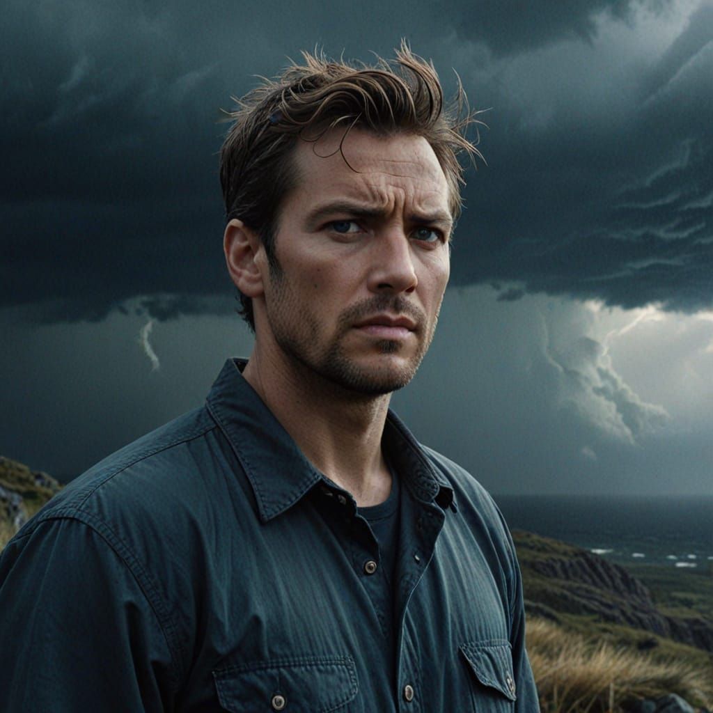 Man Faces Raging Storm on Precipice in Dramatic Digital Art