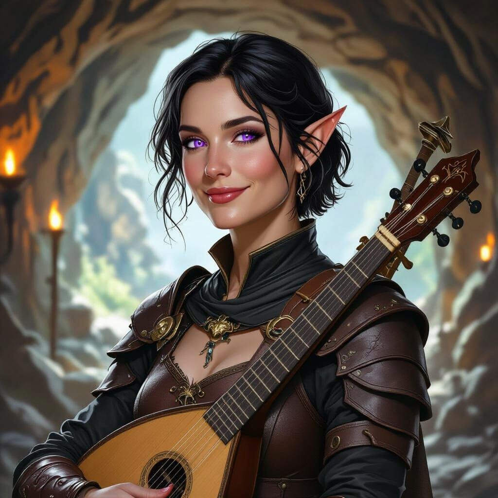 Half-Elf Bard with Lute in a Cave