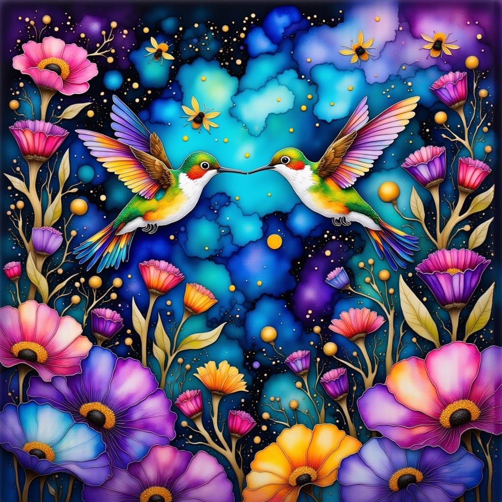Whimsical Hummingbirds in a Dreamy Floral Twilight