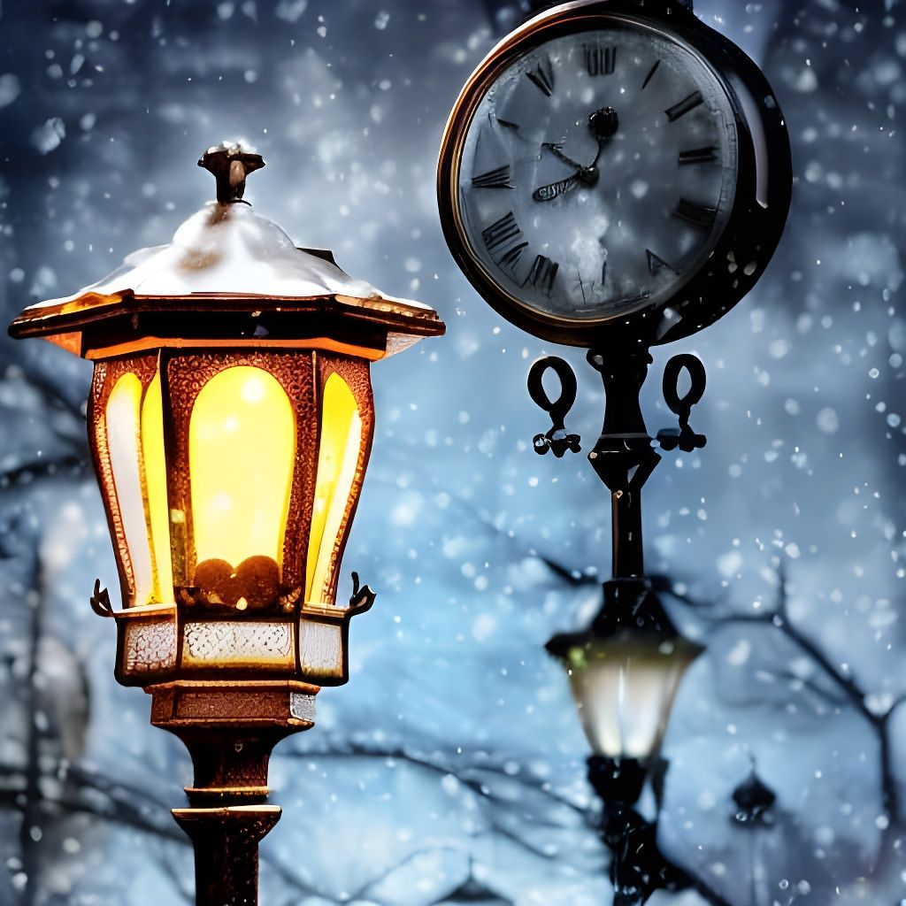 White Rabbit Rushes Past Narnia Lamppost in Winter