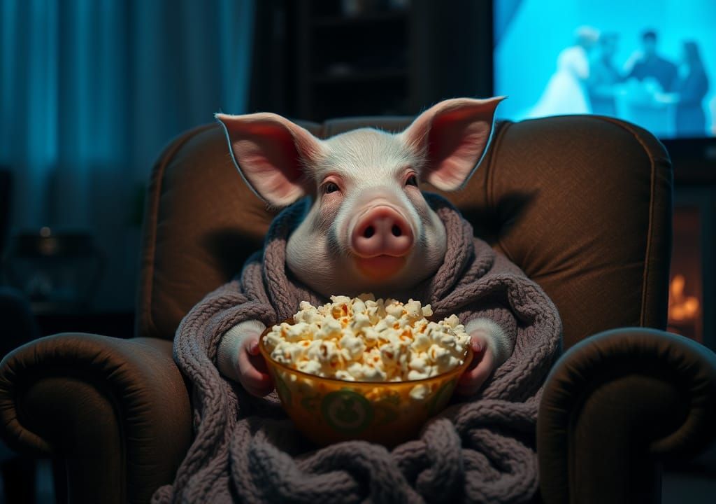 Pig Relaxing in Armchair with Popcorn