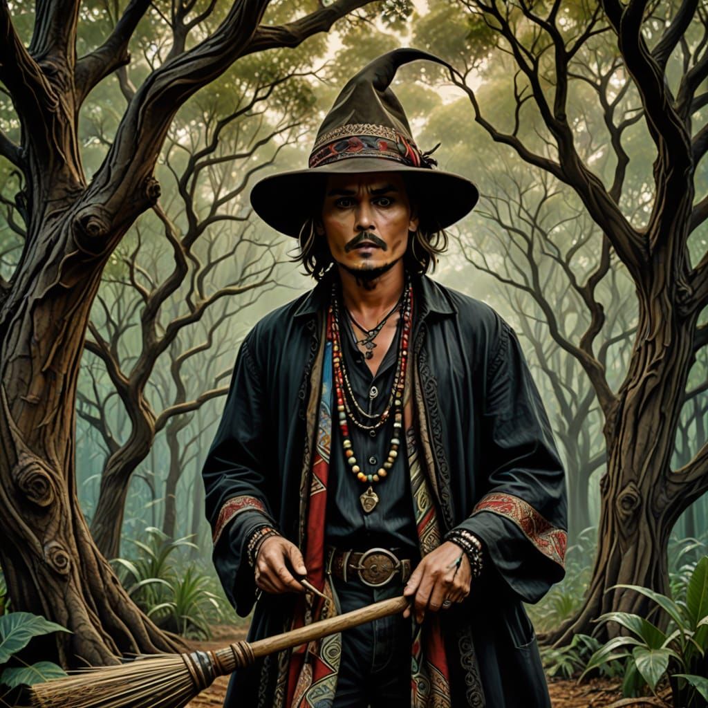 "dreamscape year-old magical Johnny Depp as a grumpy Sandman with carmine fedora in a dark dashiki rides on an iron hand...