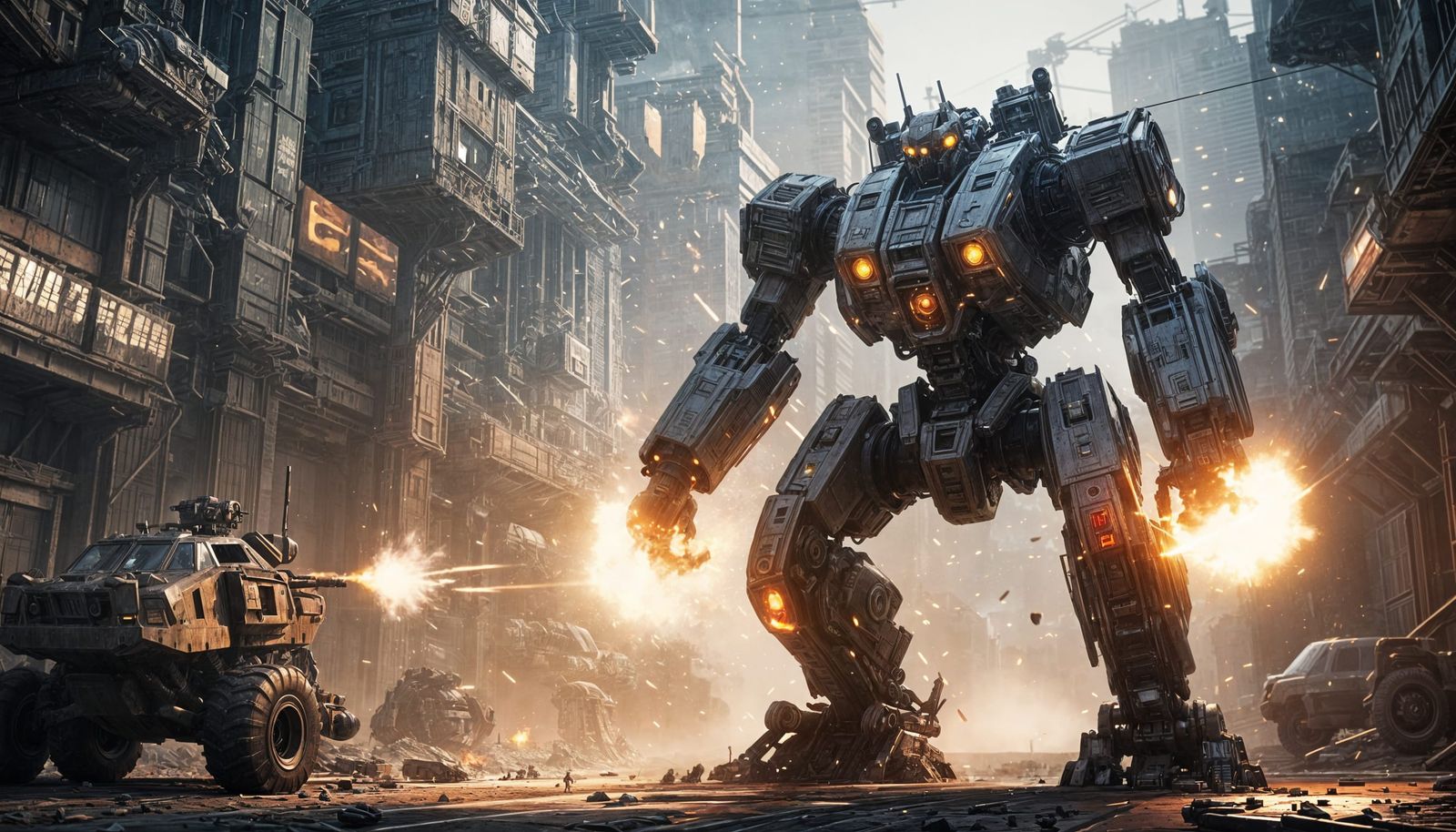 Giant Sci-Fi War Robot with Gray Haired Pilot in Epic Cinema...