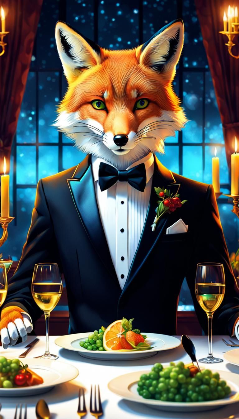 Fox in Tuxedo at Dinner Party: Digital Painting