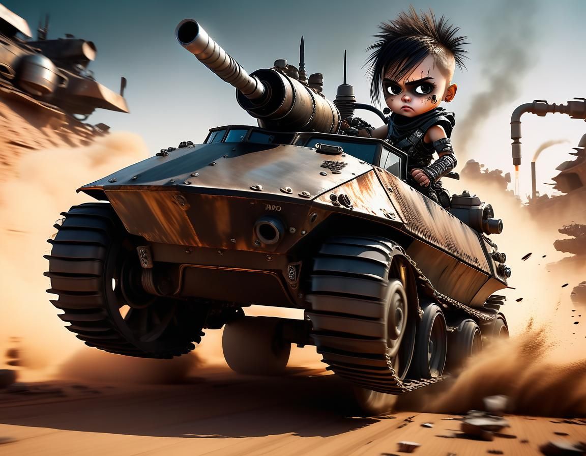 Fierce Dystopian Warrior Child Battles Armored Steampunk Tan...