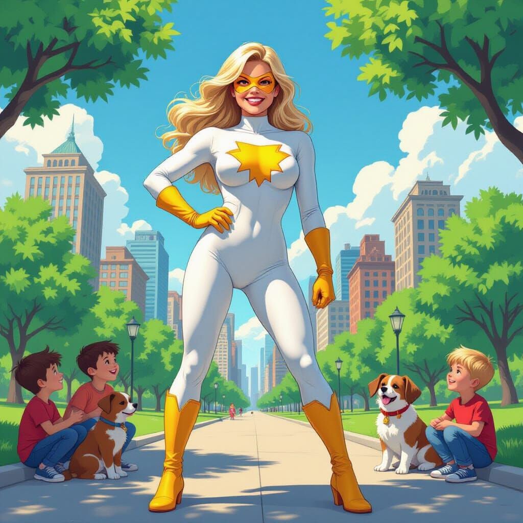 Blonde Superheroine in White Bodysuit in Sunny Park