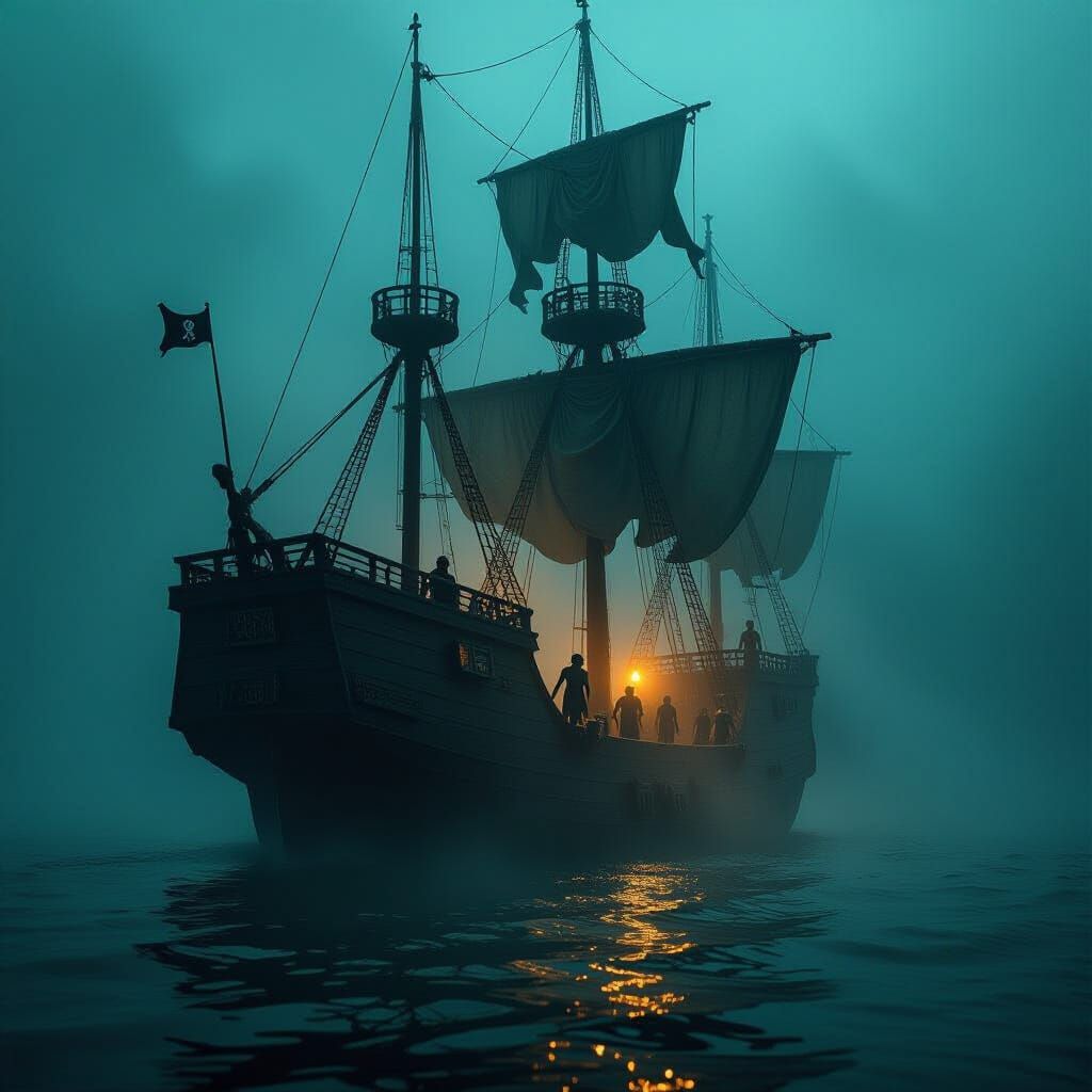 Pirate Ship in Bioluminescent Fog, Gothic Horror Style