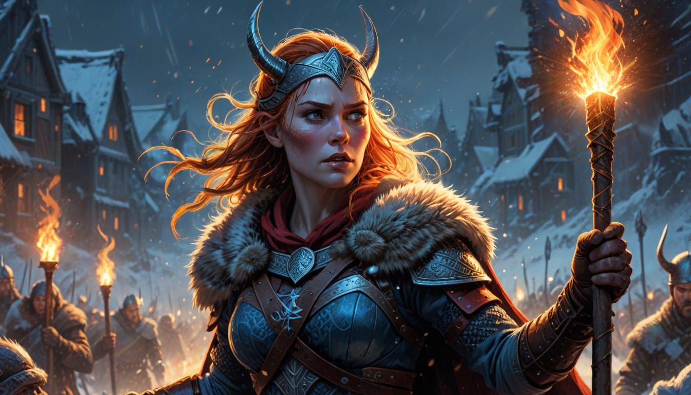 Viking Queen Rallying Warriors: Comic Book Art